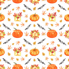 Seamless pattern with colorful autumn leaves, pumpkin, bat  and envelope on a white background.  Hand painted in watercolor.
