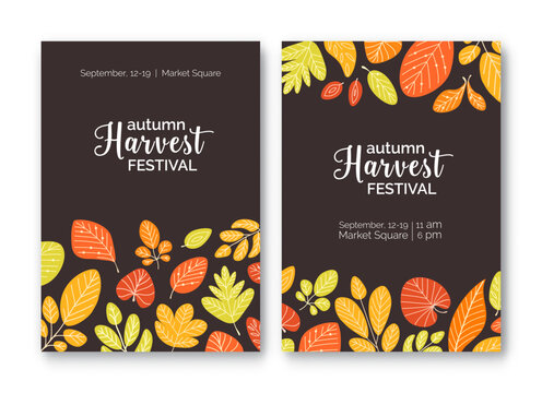 Bundle of flyer or poster templates for harvest festival announcement with colorful fallen autumn leaves or dried foliage