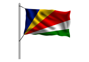 Waving Seychelles flag on flagpole on isolated background, flag of Seychelles, vector illustration