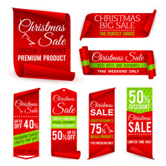 Christmas ribbons. Xmas holiday red fabric sale banners with discount offers. Realistic vector tag labels. Illustration discount offer, xmas sale, christmas advertising