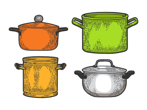 Pan casserole pot set kitchen utensils color sketch engraving vector illustration. Scratch board style imitation. Black and white hand drawn image.
