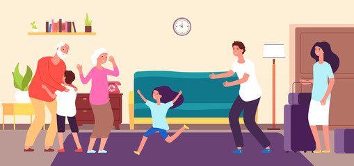 Kids meet grandparents. Grandson granddaughter hug grandma grandpa. Grandchildren grandfather grandmother happy family vector concept. Illustration grandma and grandpa, happy people together
