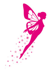 Vector pink silhouette of cute flying woman with butterfly wings. Isolated on white background