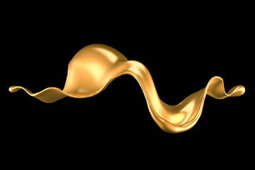 Splash of gold fluid. 3d illustration, 3d rendering.