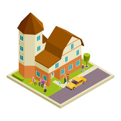 Isometric nursing house vector. Elderly people walking and speaking concept. Illustration of house retirement, elderly patient woman and man