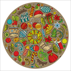 Set of New Year cartoon doodle objects. Round composition