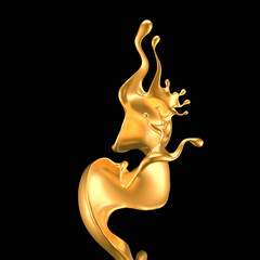 Splash of gold fluid. 3d illustration, 3d rendering.