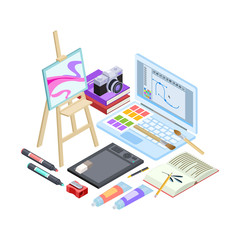 Isometric stationery and drawing tools isolated on white background. Vector art tools, brushes, paints, sketchbook illustration. Education isometric art tool, stationery brush and paint