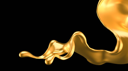 Splash of gold fluid. 3d illustration, 3d rendering.