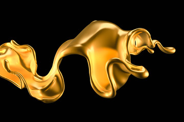 Splash of gold fluid. 3d illustration, 3d rendering.