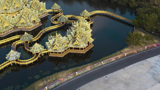 Aerial footage of Ancient city Muang Boran in Bangkok Thailand
