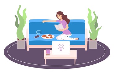 Relaxing woman. Girl reading book. Procrastination vector illustration. Woman young sitting, relax and rest