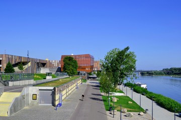 Summer at the Vistula Boulevards promenade on the west side of the Vistula river. Popular place for weekend walks. View from Swietokrzyski bridge. Warsaw, Poland