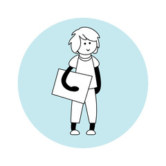 Vector element for design. Boy with folder on blue circle. Profession architect. Simple line art, flat style. Black and white