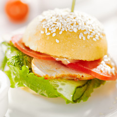 Gourmet, restaurant, delicious dinner food - close up of Sandwich with Smoked Meat, Tomato and Cucumber. Garnished with French Fries and Vegetables Sauce