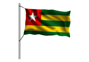 Waving Togo flag on flagpole on isolated background, flag of Togo, vector illustration