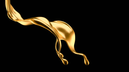 Splash of gold fluid. 3d illustration, 3d rendering.