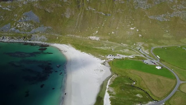 Aerial footage of haukland beach in Lofoten islands in Norway