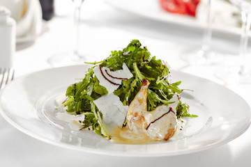 Gourmet, restaurant, delicious dinner food - close up of Salad with Quail Wings and Parmesan Cheese