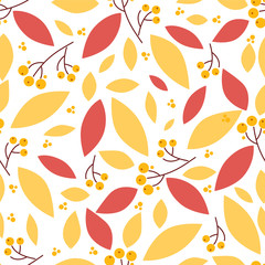 Vector endless seamless pattern. Illustration of branch and berry of rowan, ash berry. Simple flat style