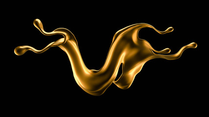 Splash of gold fluid. 3d illustration, 3d rendering.