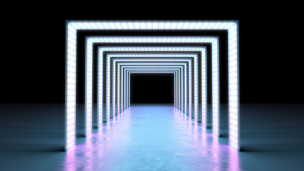 abstract minimal background glowing lines tunnel  neon lights 3d render