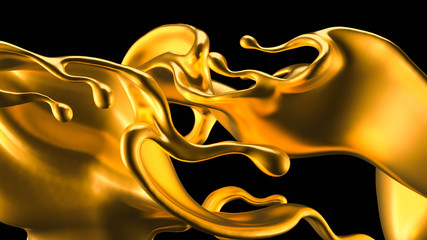 Splash of gold fluid. 3d illustration, 3d rendering.