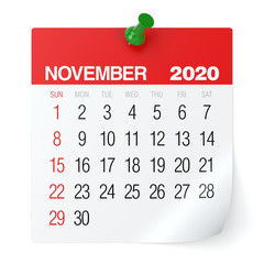 November 2020 - Calendar. Isolated on White Background. 3D Illustration
