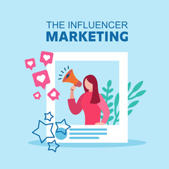 Influence marketing flat vector illustration concept. Marketing communication content strategy.
