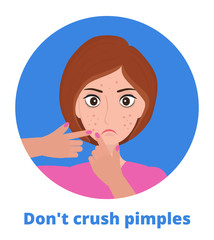 Pimple was popping on the woman s face. Do not crush acne text under illustration