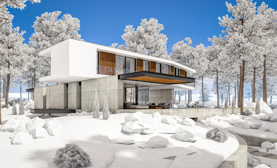 3d rendering of modern cozy house on the hill with garage and pool for sale or rent with beautiful landscaping on background. Cool winter day with shiny white snow.