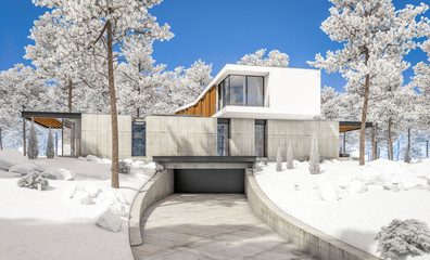 3d rendering of modern cozy house on the hill with garage and pool for sale or rent with beautiful landscaping on background. Cool winter day with shiny white snow.