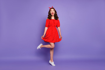 Full size photo of amazing lady ready to start party wear off-shoulders dress isolated purple background