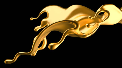 Splash of gold fluid. 3d illustration, 3d rendering.