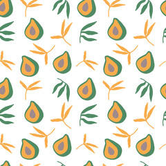 Seamless pattern with avocado and different leaves on white background. Beautiful modern print with hand drawn plants in sketch style. Yellow, brown and green colours.