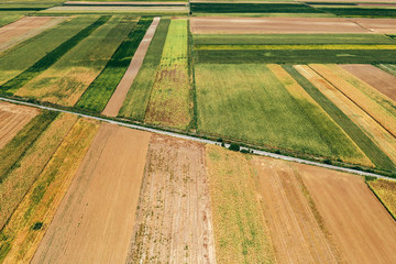 Aerial view of railway through cultivated countryside landscape