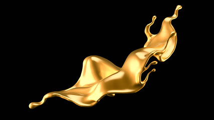 Splash of gold fluid. 3d illustration, 3d rendering.