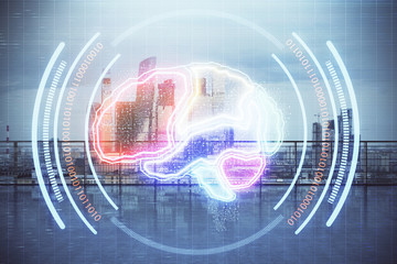 Brain chain theme hologram with city view from roof top background. Double exposure. Big data concept.