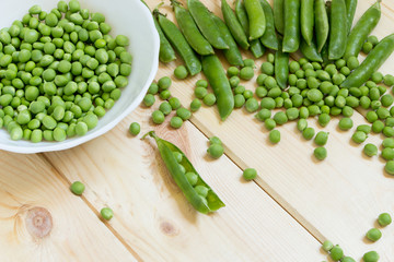 Sugar snap peas background with copy space. Peeled beans scattered on wooden table and collected in a white bowl, lot of whole pods.