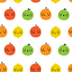 Colored fruit. Vector seamless Emoji pattern. Apple, orange, grapefruit, lemon