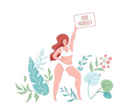 Love yourself. Smiling woman with plus size body wearing in lingerie. Vector illustration with green floral nature elements. Body positive concept