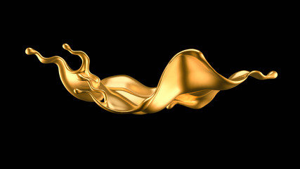 Splash of gold fluid. 3d illustration, 3d rendering.