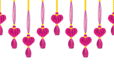 Vector horizontal border pattern. Dangling tassels with hearts, yarn treads with beads, ropes. Crimson Pink, rose colors on black background. Wedding, Valentine day, love theme design for headers