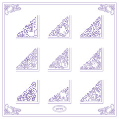 Vector collection of vintage corners for frames and paper or document decoration. Cute Medical and Anatomy theme arts with roses in each triangles. Doctor tools, human organs with waves leaves