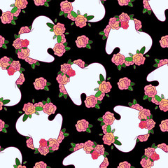 Abstract vector seamless  pattern, beautiful floral design. Cute healthy teeth with bouquet of roses on black backgrounds. Illustration perfect for dental design, fashion prints, textile, wallpaper