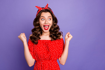 Photo of charming fascinating cute nice cheerful woman looking away overjoyed while isolated with violet background