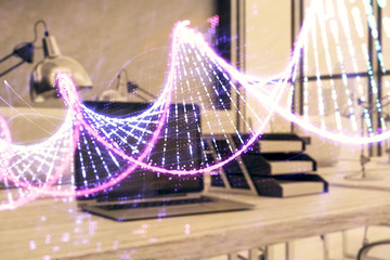 DNA hologram with desktop office background. Double exposure. Concept of education