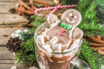 Funny christmas hot chocolate mug with marshmallow in form of gingerbread man, snowman, xmas tree, snow flake.