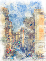 Digital illustration in watercolor style of Via del Corso street from Piazza Venezia, Rome, Italy, summer 2018
