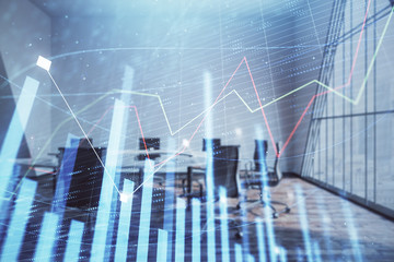 Multi exposure of stock market graph on conference room background. Concept of financial analysis